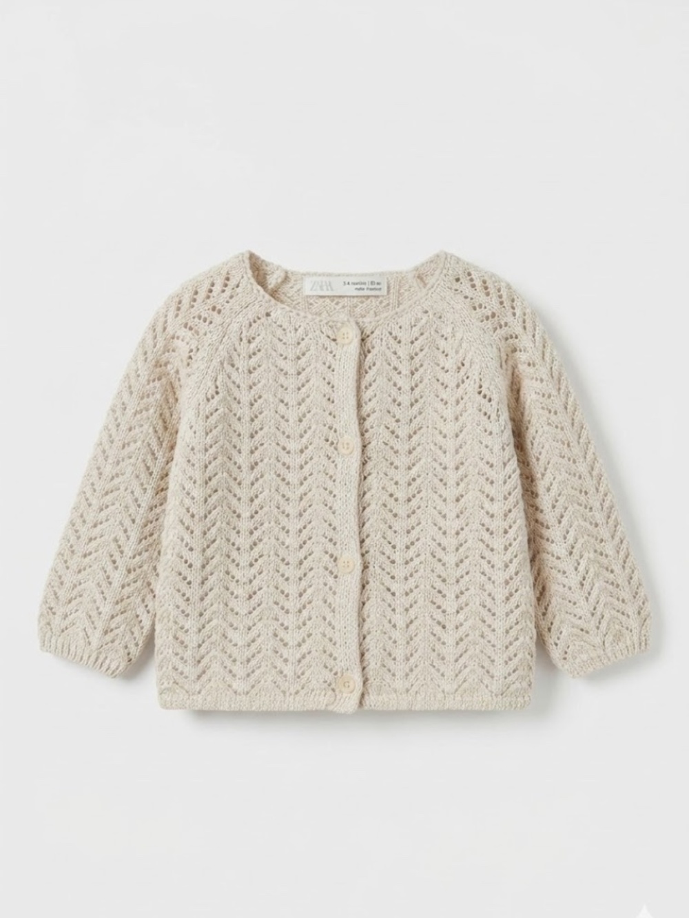 Zara Baby Knit Pointelle Cardigan Sweater | Oatmeal | 3-6M